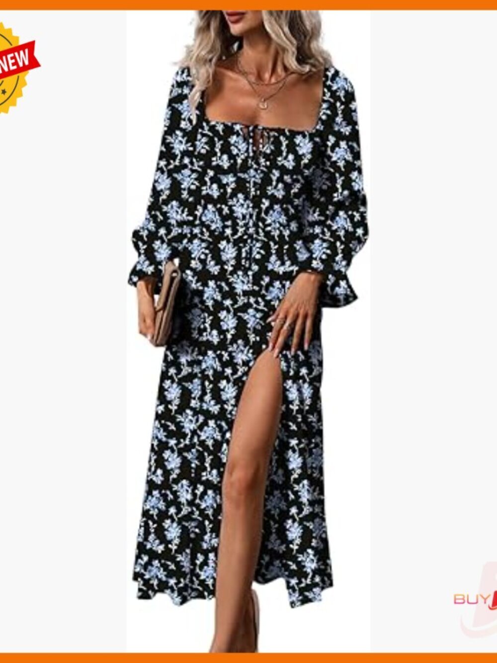 Long Sleeve Square Neck Midi Dress with Side Split Floral Print